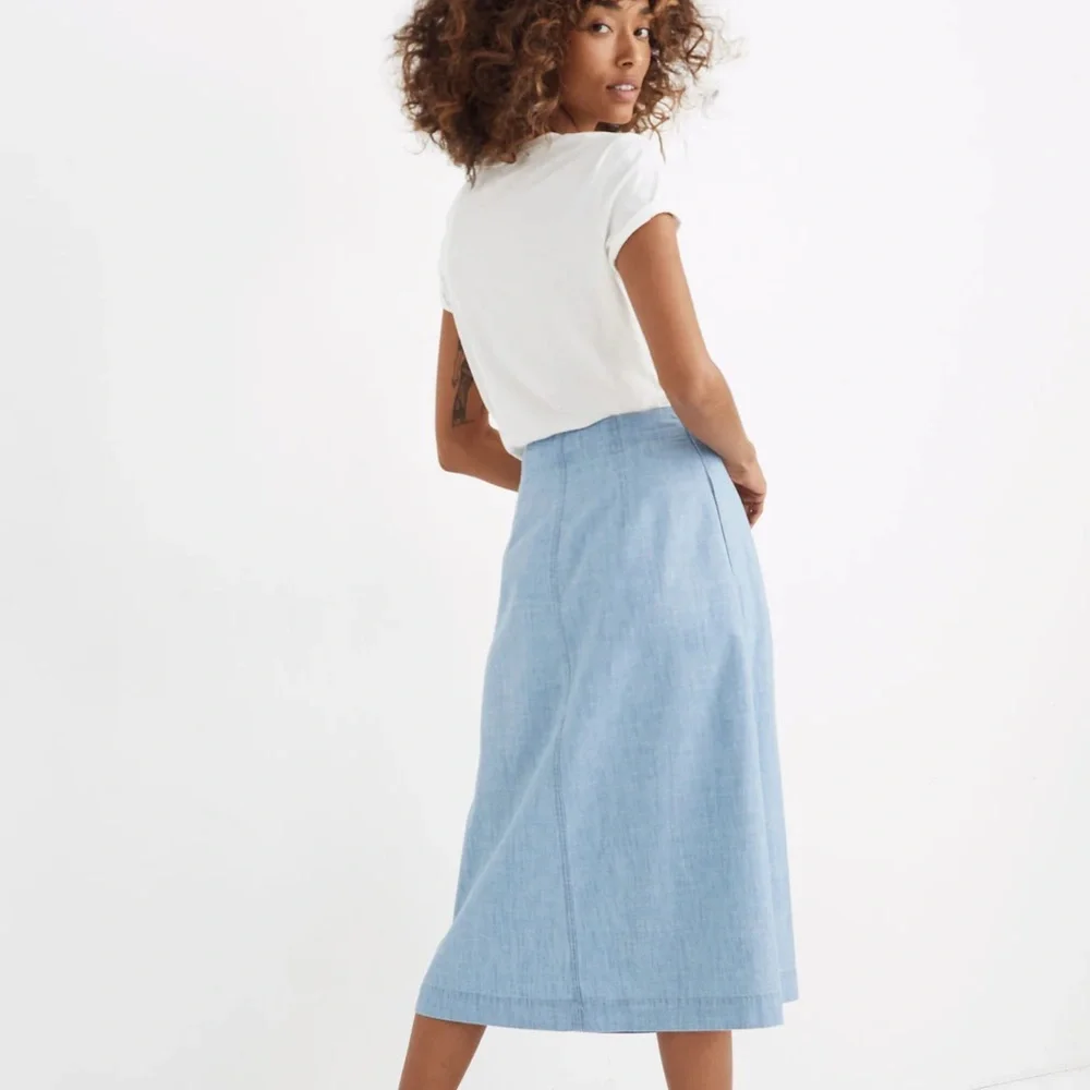 Madewell Midi Skirt Button Front Chic Patio Pockets Cotton Chambray Blue Size 10 - Picture 9 of 12